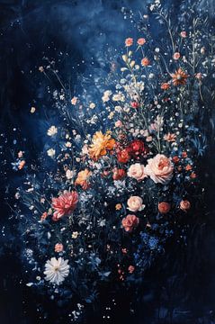 Nachtelijke Bloemenweelde - Elegantie in Blauw van Eva Lee