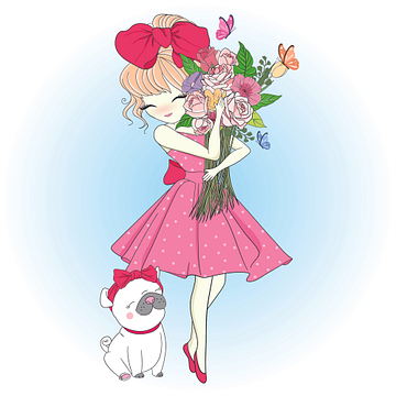 Meisje met bloemen en mopshond van Atelier Liesjes