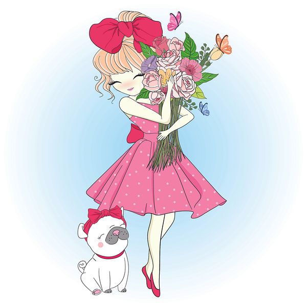 Mädchen mit Blumen und Mops von Atelier Liesjes