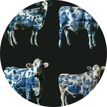 collage van Nederlandse koe met Delfstblauwe tulpen en molens op haar lichaam van Margriet Hulsker