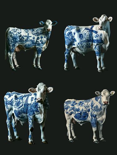 collage of Dutch cow with Delft blue tulips and windmills on her body