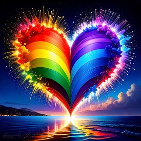 Cœur de la Pride : un feu d'artifice cosmique en rouge, orange, jaune, vert, bleu et violet entre vivacité extatique et réflexion silencieuse sur AidasignArt