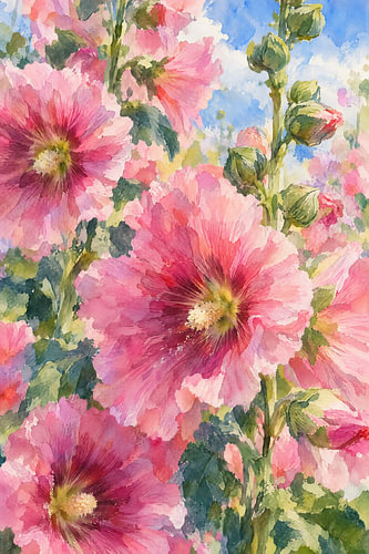 Rosa Stockrosen im Sommerhimmel – Aquarell Malerei