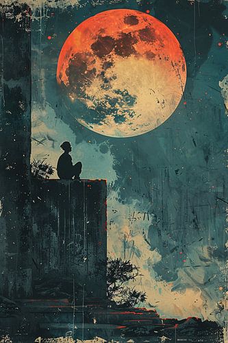 Eenzame figuur onder de rode maan