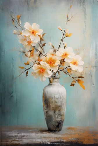 Dry bouquet paint pastel blue vase cream orange flowers.