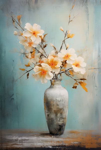 Dry bouquet paint pastel blue vase cream orange flowers. by Ellen Reografie