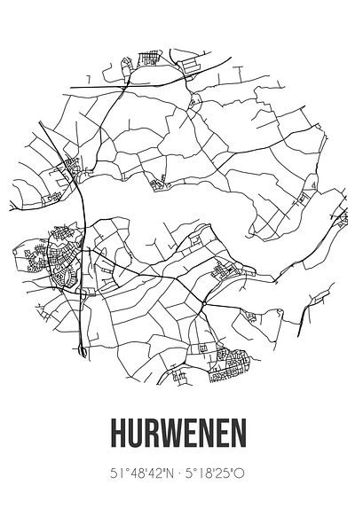 Hurwenen (Gelderland) | Karte | Schwarz und Weiß von Ortsdrucke