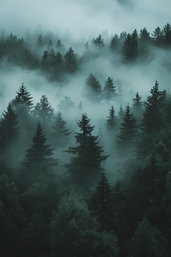 A mystical cloud forest in deep green
