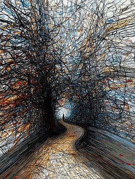 Abstract Solitude Road – Colorful Tree Pathway with Lone Figure by Ramy Salah Hefny