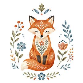 Renard au style folklorique apaisant avec des détails botaniques (IA) (rural, chaleureux, mignon, doux, couleurs)