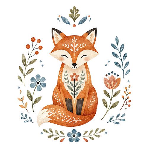 Rustige folklore vos met botanische details (AI) (landelijk, sfeervol, schattig, zachte, kleuren)