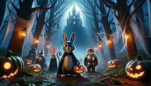 De courageux animaux-chevaliers dans la forêt mystique d'Halloween