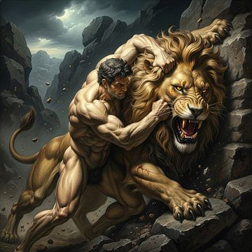 Illustration d'un homme luttant contre un lion dans un paysage rocheux