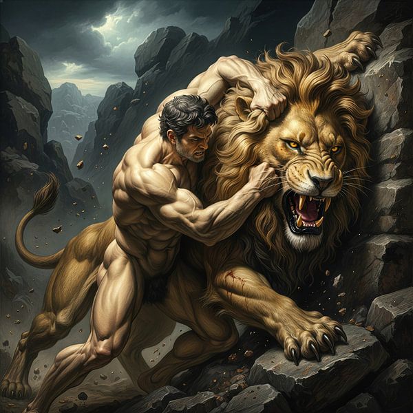 Man Wrestling Lion in Rocky Landscape Illustration by Markus Gann