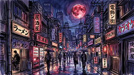 Tokio bei Nacht – Unter dem purpurroten Mond von my pixel art