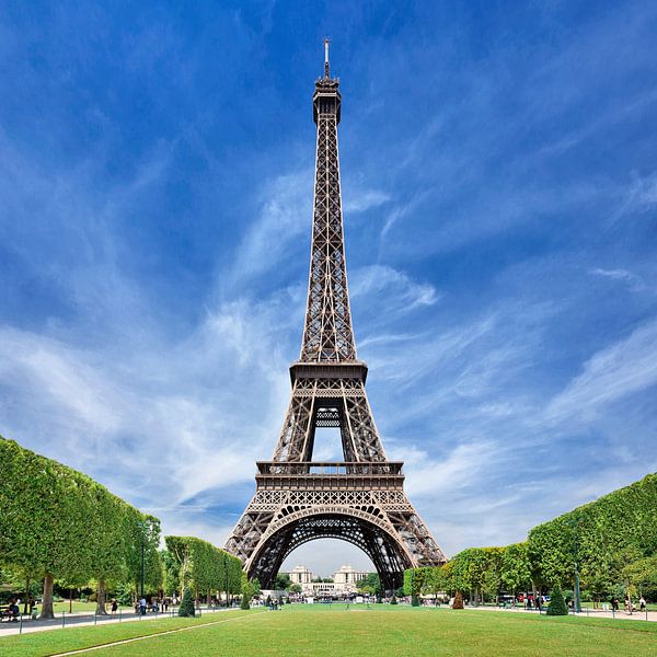 Tour Eiffel avec un parc vert contre un ciel bleu avec des nuages par Tony Vingerhoets