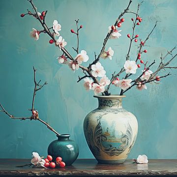 Classic vase with blossom branch still life by Vlindertuin Art