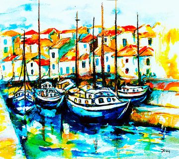 Kleiner Hafen in Portugal. Impressionistisches Aquarell. von Ineke de Rijk