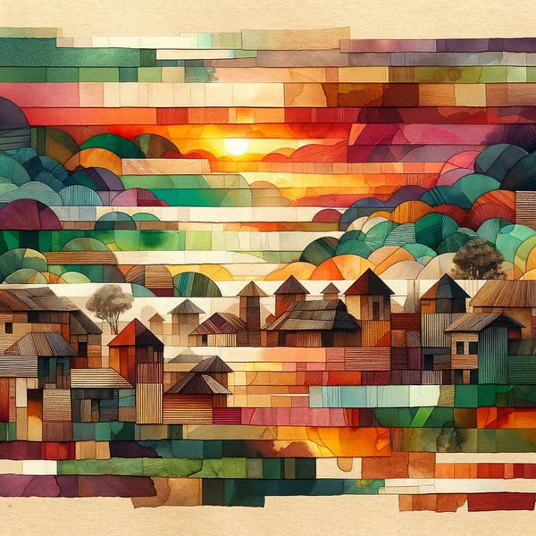 Collage village against hills at sunset by Lois Diallo