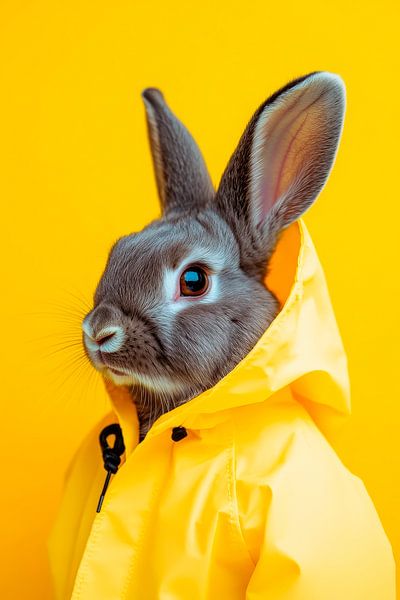 Kaninchen im gelben Regenmantel – Fröhlich von Poster Art Shop