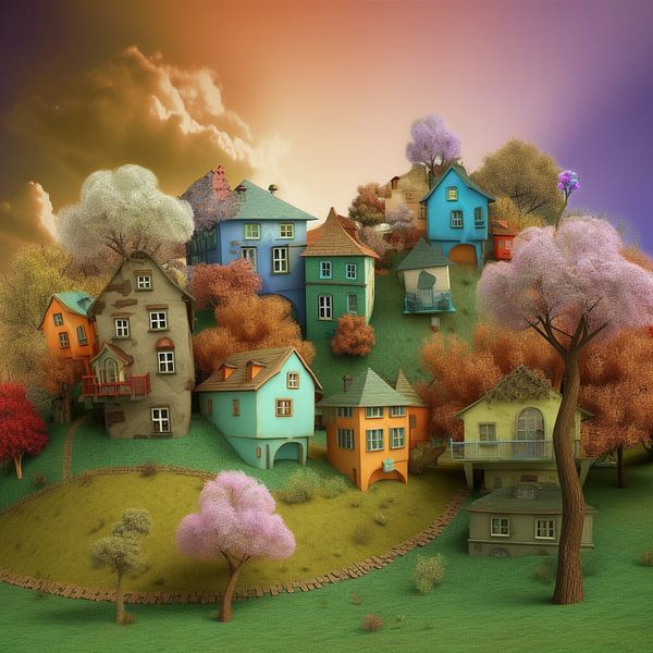 Stadtlandschaft Häuser pastell märchenhaft verträumt Bäume von gm_designs