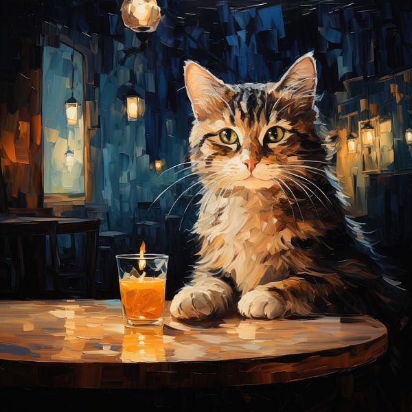Cat and Cafe Terrace at Night Van Gogh inspired von Erika Kaisersot
