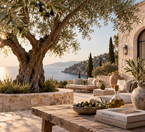 Terrasse méditerranéenne avec olivier et vue sur la mer | La « Dolce Vita » à l'italienne | Affiche carrée