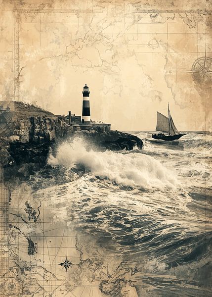 Sturmwellen am Leuchtturm mit antiker Karte von Pixelbull Design