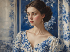 Porträt einer Dame in einem delfterblauen Kleid