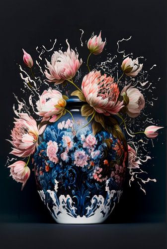 Delfter Blau Vase mit üppigen Pfingstrosen