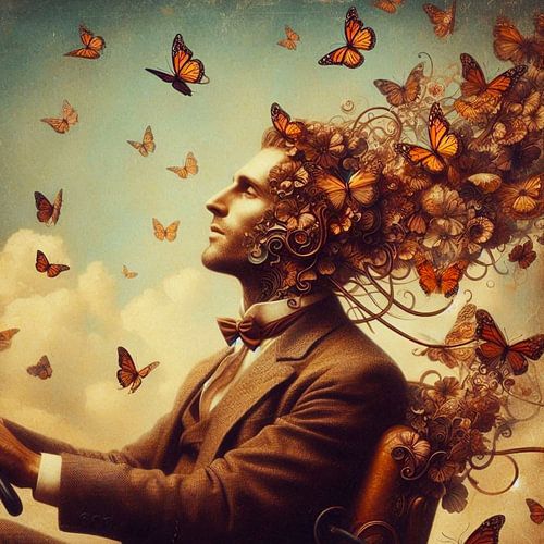 man met vlinders achter zich