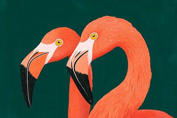Flamingo tandem in rood en groen van Poster Art Shop