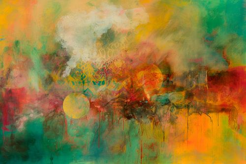 Abstract schilderij, geel, groen en oranje