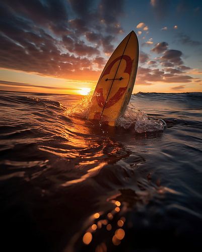 Surfboard in the sea at sunset