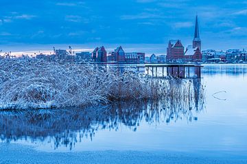 View across the Warnow to the Hanseatic city of Rostock in winter