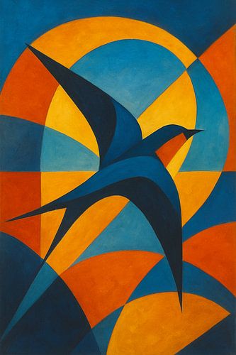Geometrisch schilderij van een zwaluw.