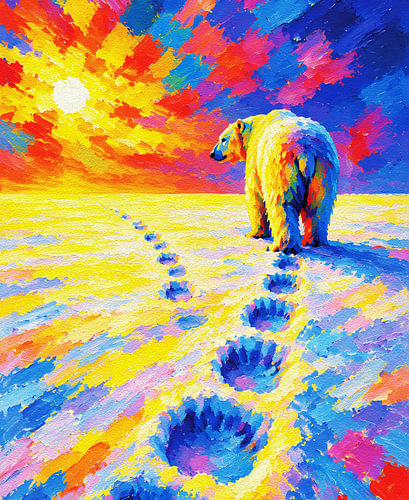 Die Reise des Eisbären „'“ – Lebendiges Tiergemälde bei Sonnenuntergang