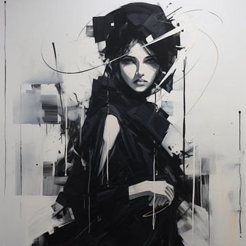 Vrouw in zwarte kleding abstract modern zwart-wit van TheXclusive Art