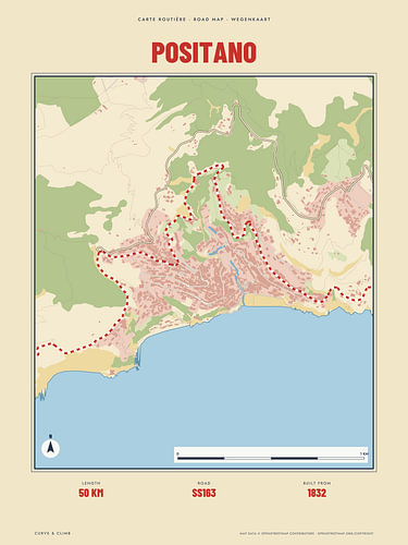 Positano and the Amalfi coast road, retro road map