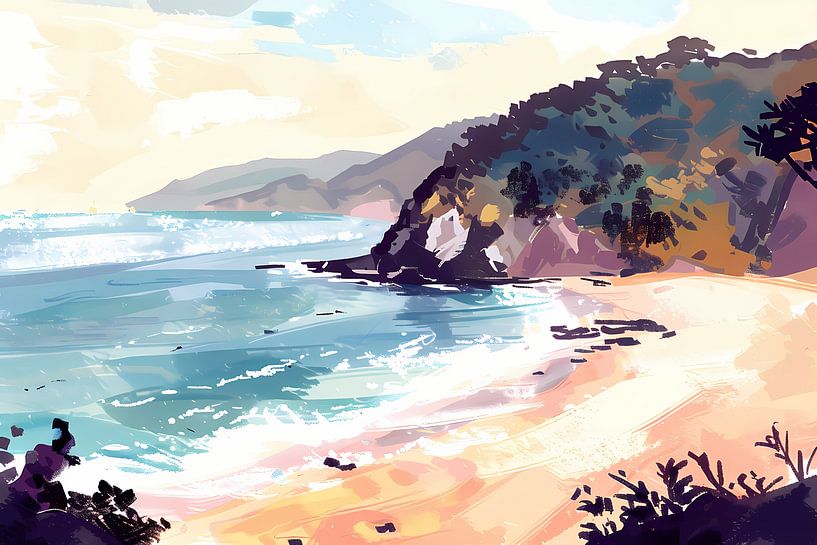 Minimalistisches Gemälde vom Strand bei Sonnenaufgang von Art & Soul Creations