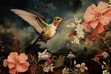 Colibri et fleurs | Colibri Artwork sur Blikvanger Schilderijen