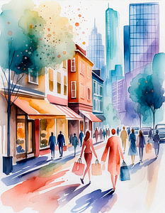 Bunte abstrakte Aquarell-Stadtszene mit Einkaufsleuten, Häusern und Straße – Künstlerische Stadtmalerei
