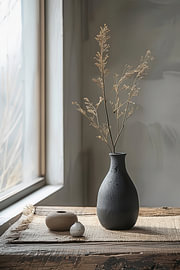 Minimalistische tafel met vaas van haroulita