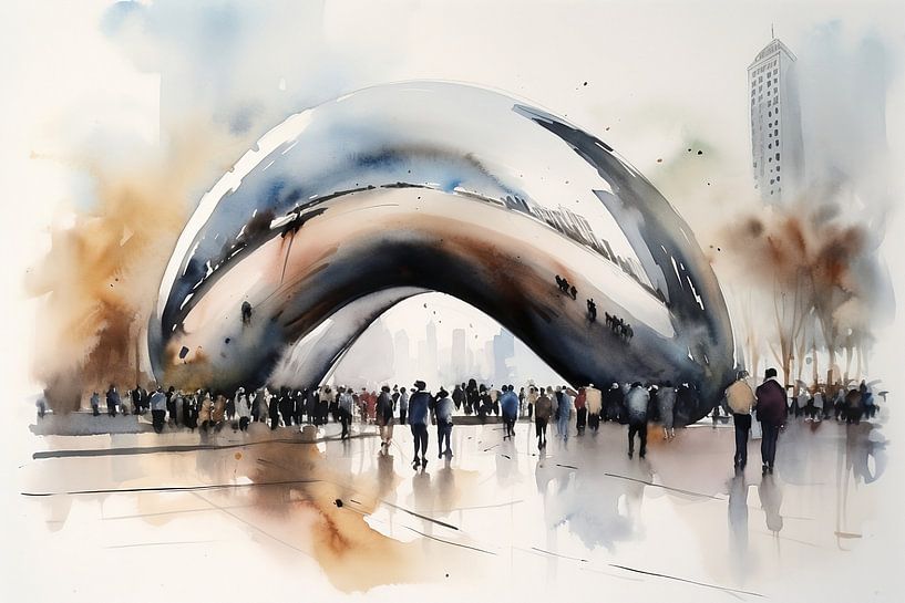 Aquarelle Landschaft Chicago Cloud Gate von NJ Midnight Studio