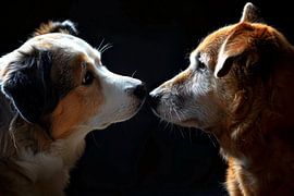 Zwei Hunde in dunkler Umgebung schauen sich an von Art & Soul Creations