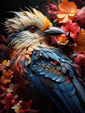 Le plumage des fleurs - Un portrait d'oiseau coloré sur Eva Lee