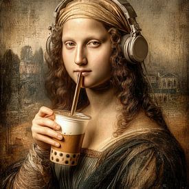 La Joconde avec un casque audio et un bubble tea sur Dessins et peintures de Peter Pen