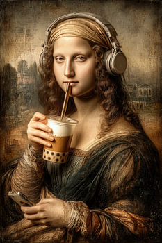 Mona Lisa with Headphones and Bubble Tea
