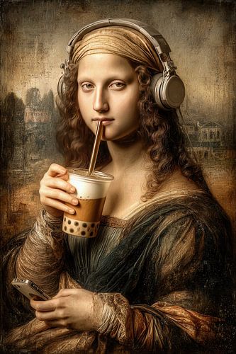 Mona Lisa mit Kopfhörern und Bubble Tea von Peter Pen Zeichnungen und Gemälde