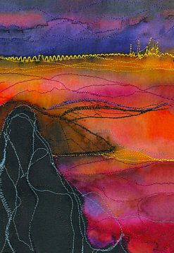 Indian Summer. Abstract landschap in roze en rode kleuren. Mixed media van Ineke de Rijk